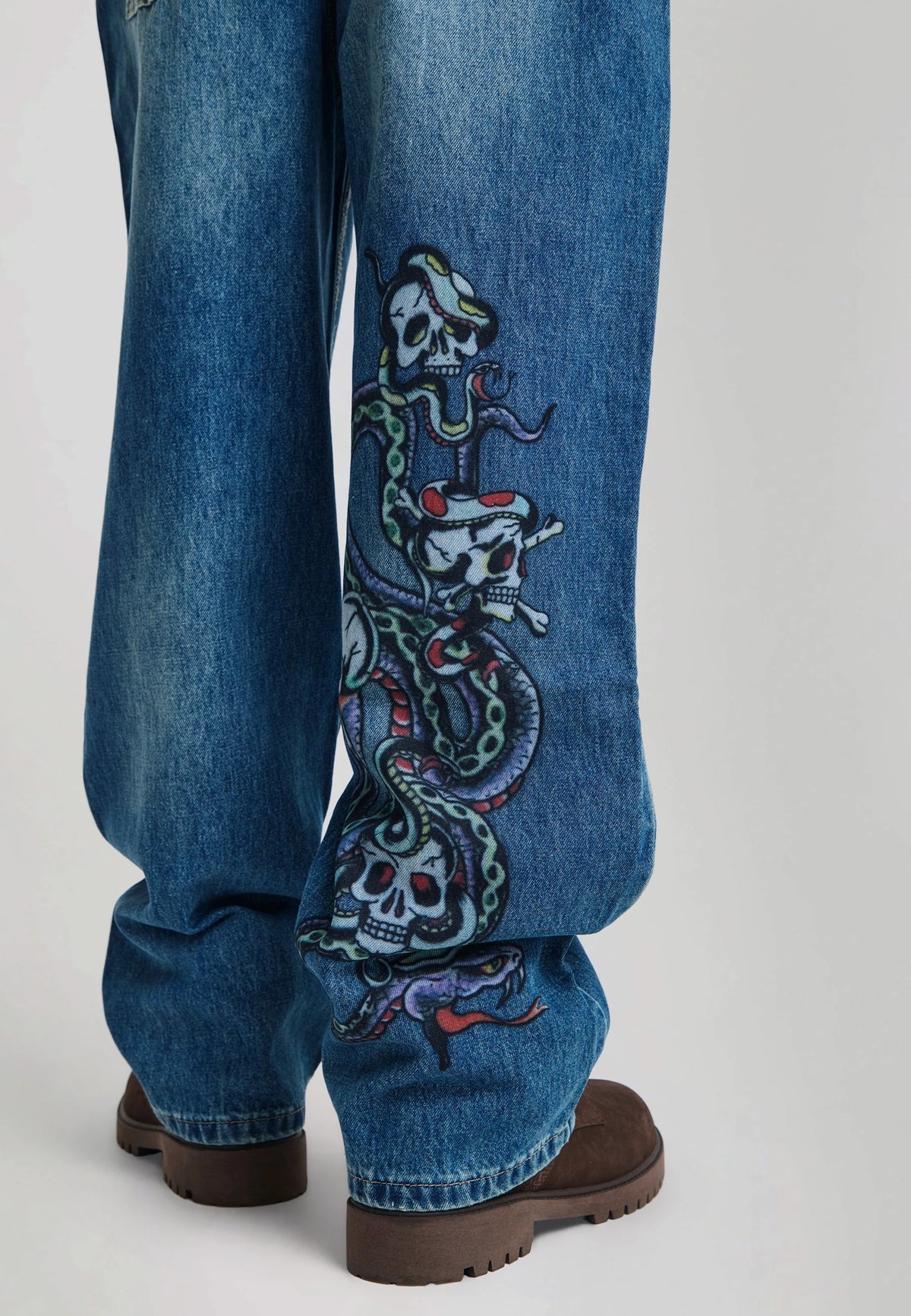 Ed Hardy Serpent Skull Graphic Relaxed Jeans Mid Blue - OnSize