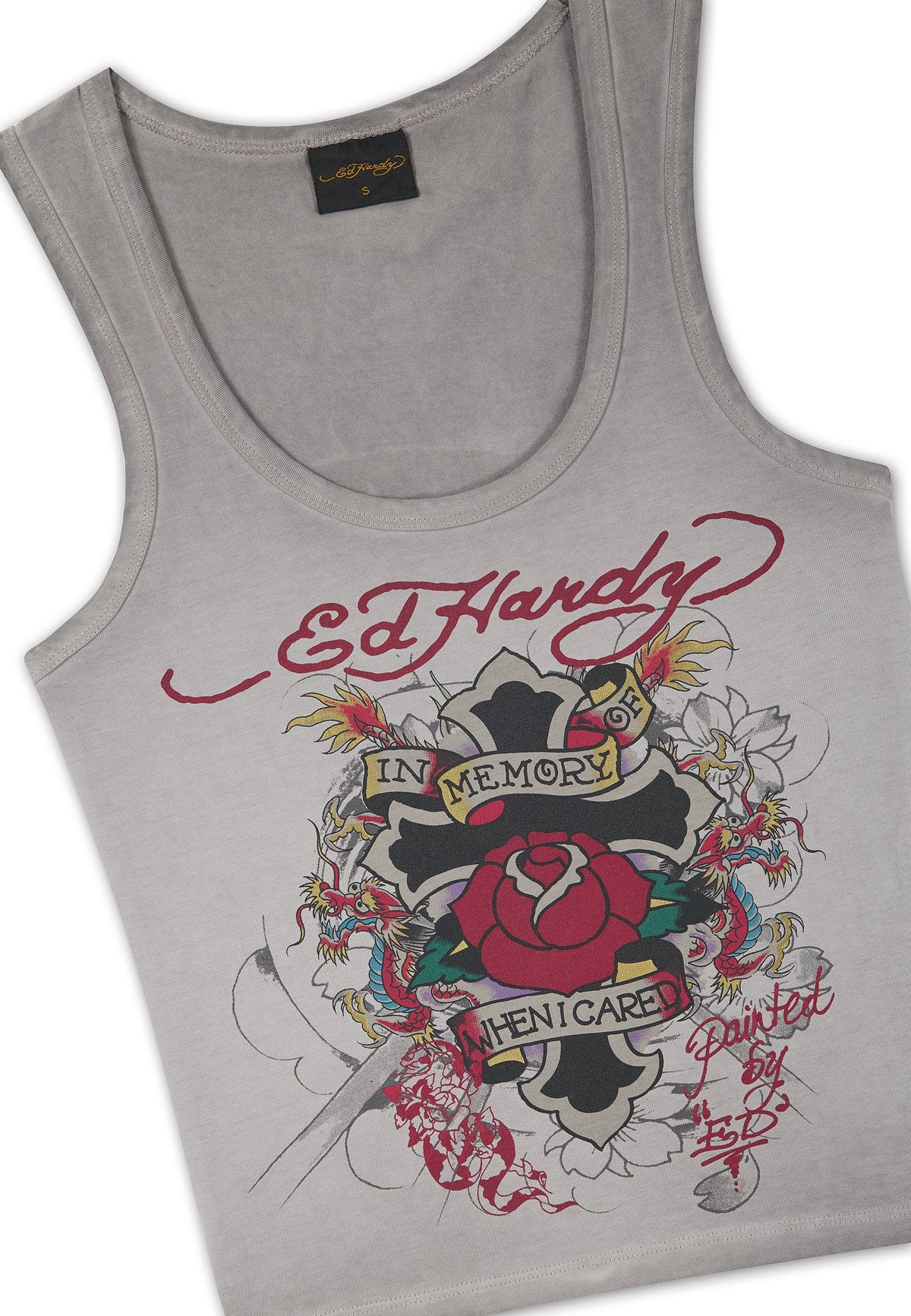 Ed Hardy In Memory Of When I Cared Washed Fitted Vest Top Grey - OnSize