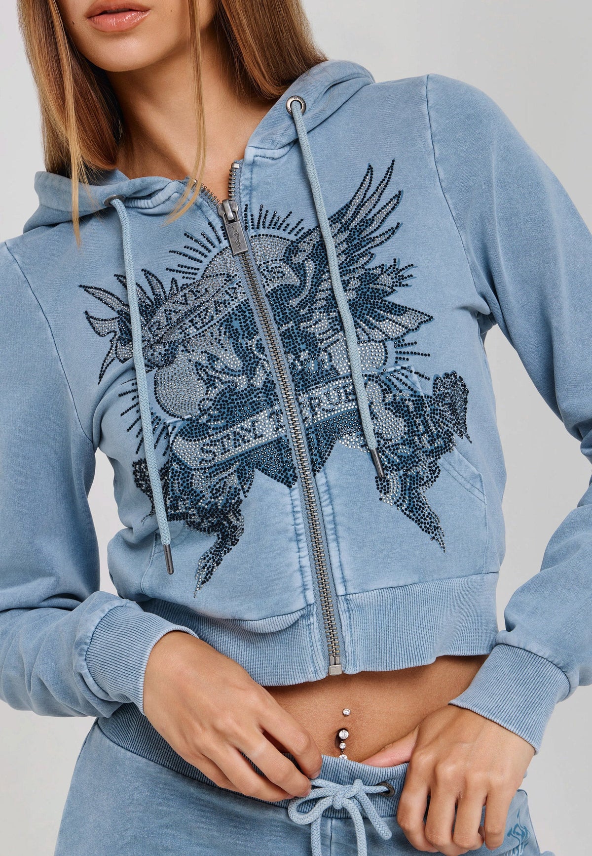 Ed Hardy Stay True Fitted Cropped Washed Zip Thru Hoodie Blue - OnSize