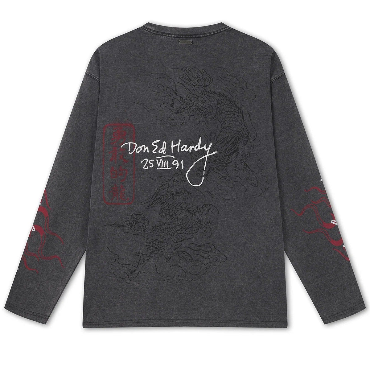 Ed Hardy Flying Twin Dragon Graphic Long Sleeve Relaxed T-Shirt Black - OnSize