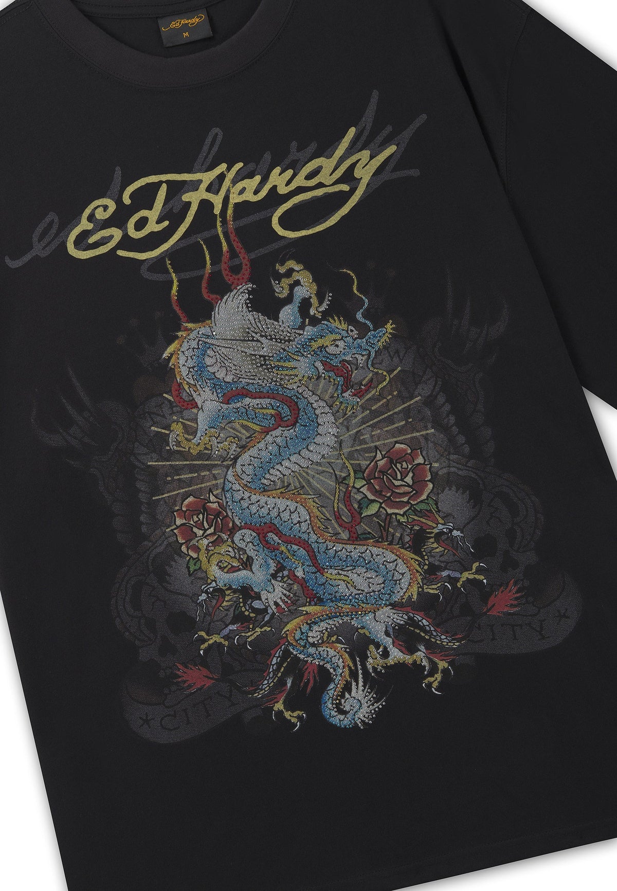 Ed Hardy Dragon City Diamante Graphic Relaxed T-Shirt Black - OnSize