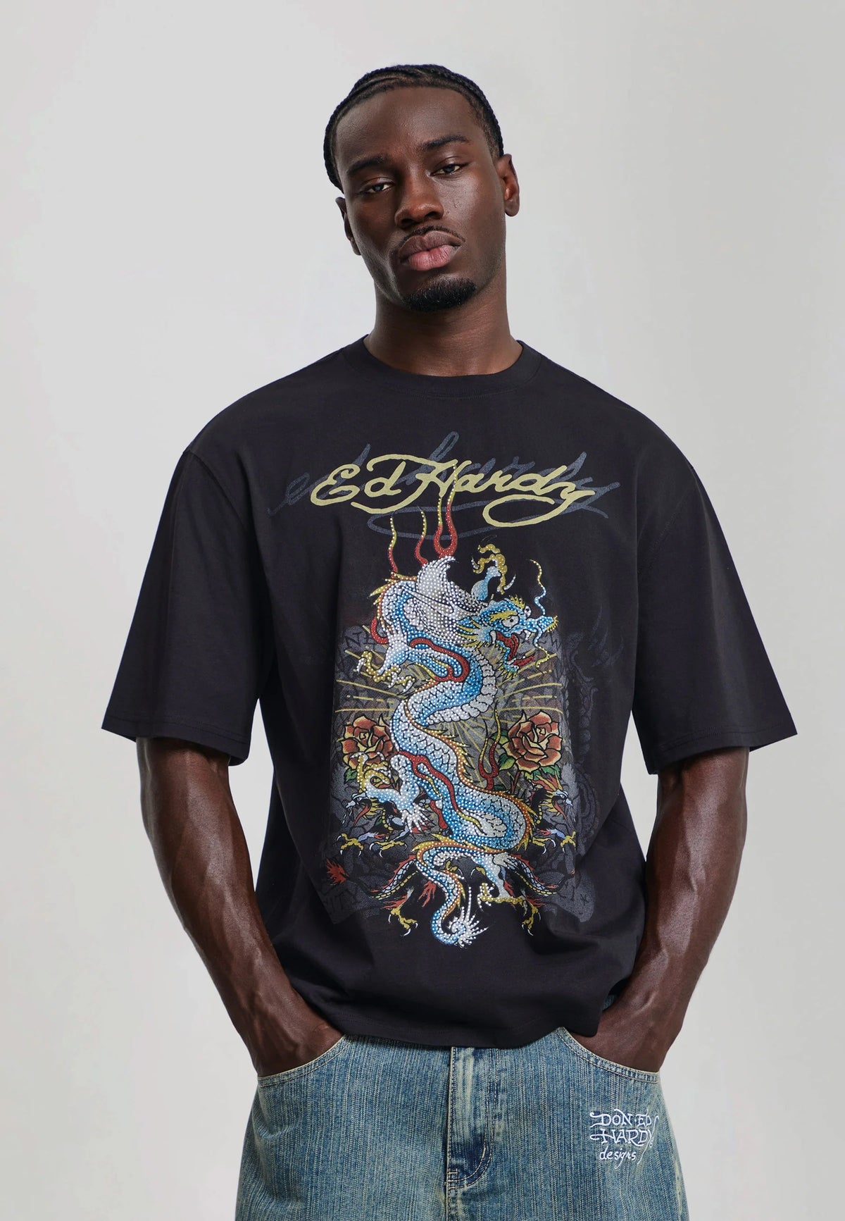 Ed Hardy Dragon City Diamante Graphic Relaxed T-Shirt Black - OnSize