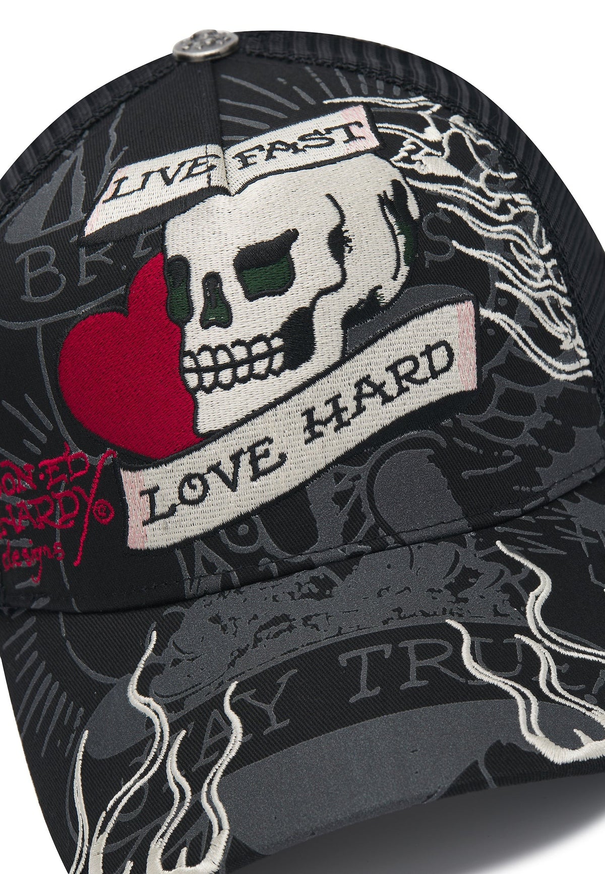 Ed Hardy Live Fast Love Hard 5 Panel Black Trucker Cap - OnSize