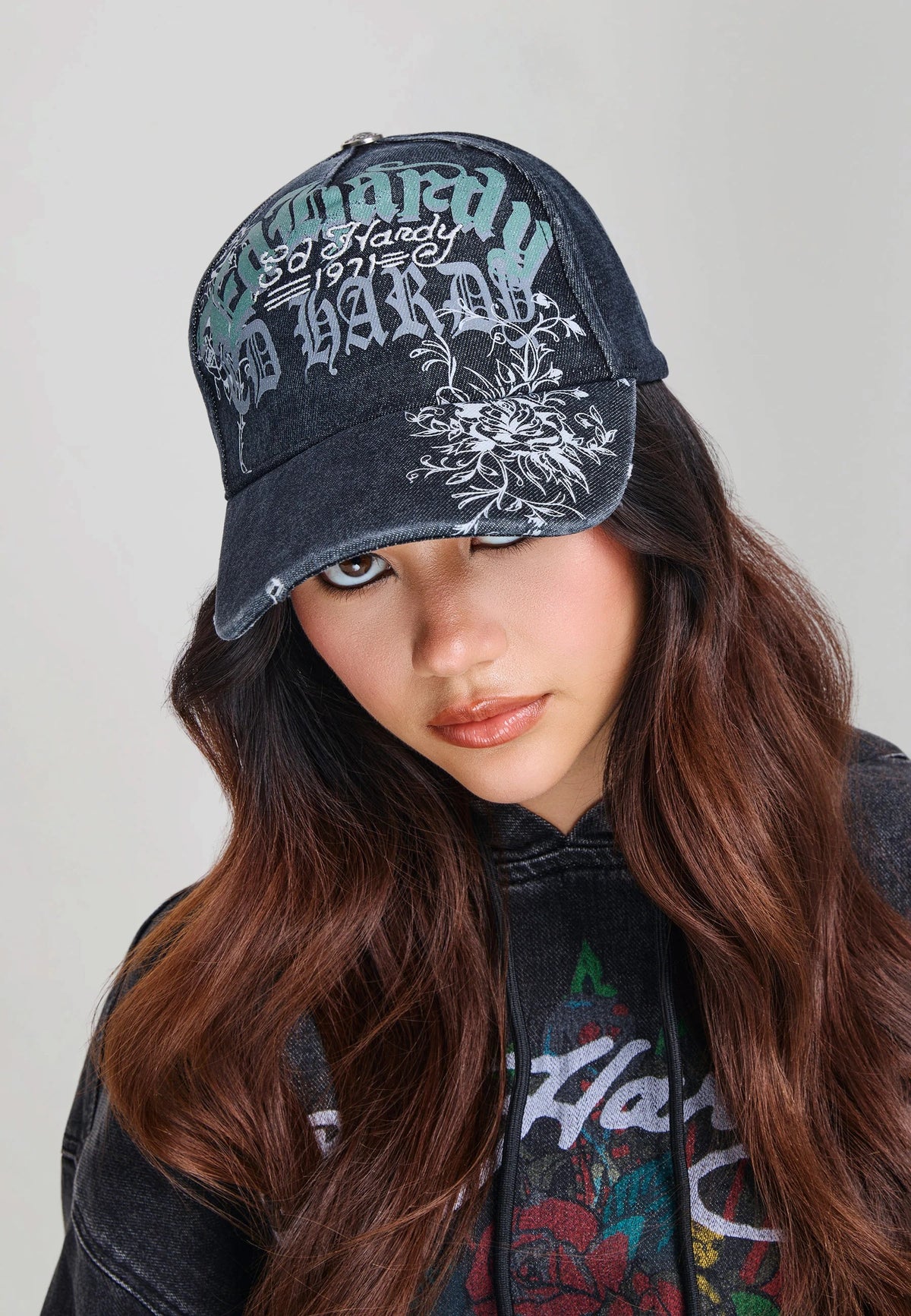 Ed Hardy Distressed Floral Gothic 5 Panel Black Trucker Cap - OnSize