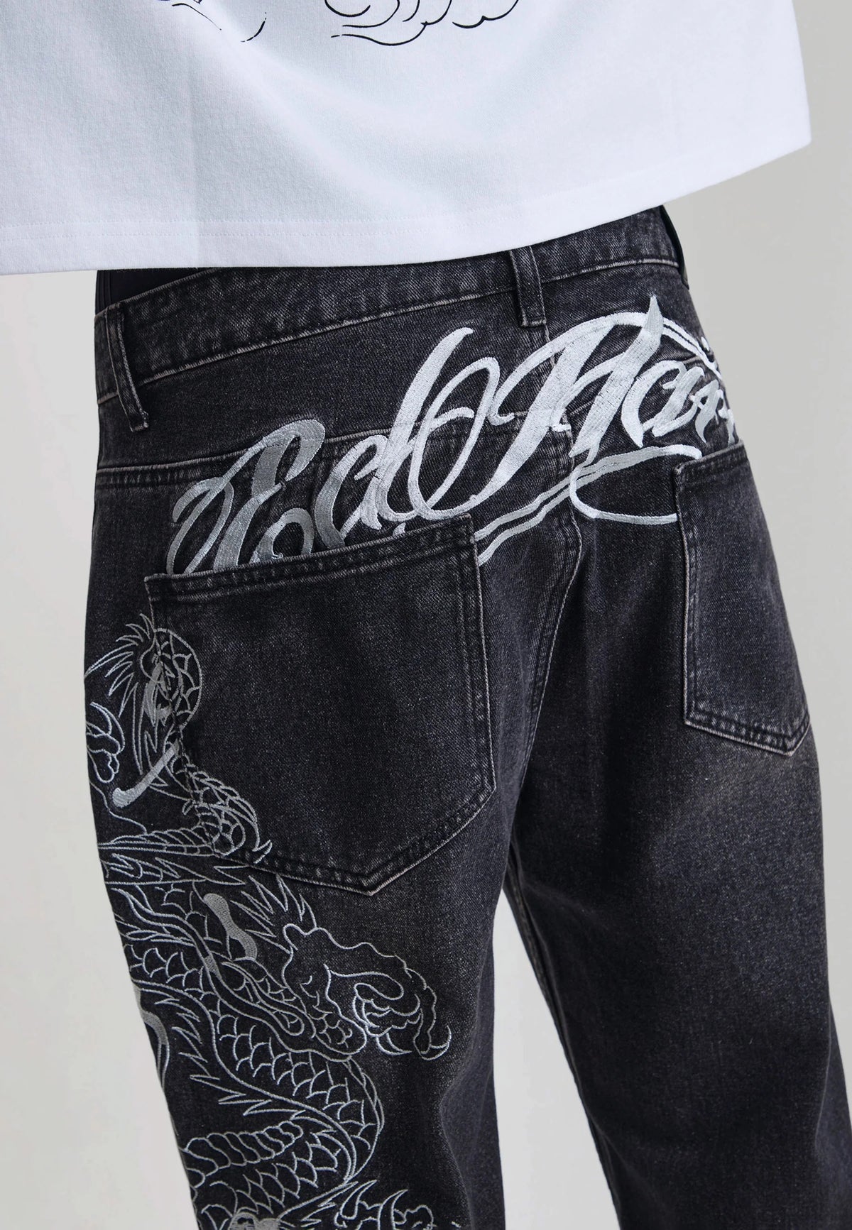 Ed Hardy Embroidered Soaring Dragon Flare Jeans Washed Black - OnSize