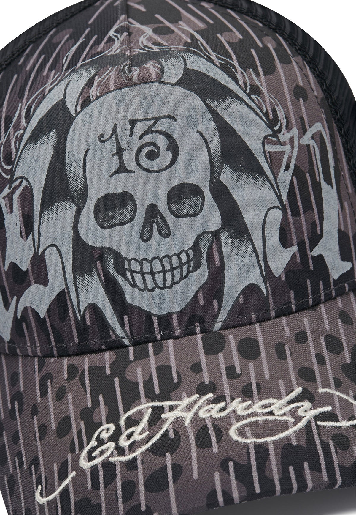 Ed Hardy 13 Skull 5 Panel Black Trucker Cap - OnSize