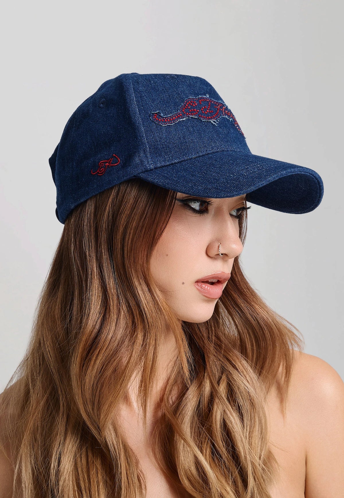 Ed Hardy Diamante Applique Indigo Denim 5 Panel Indigo Trucker Cap - OnSize