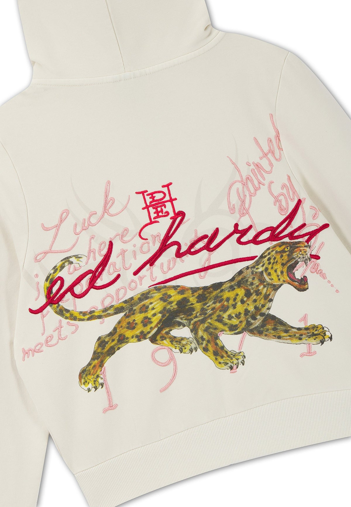 Ed Hardy Flaming Tiger Cropped Zip Thru Hoodie Ecru - OnSize