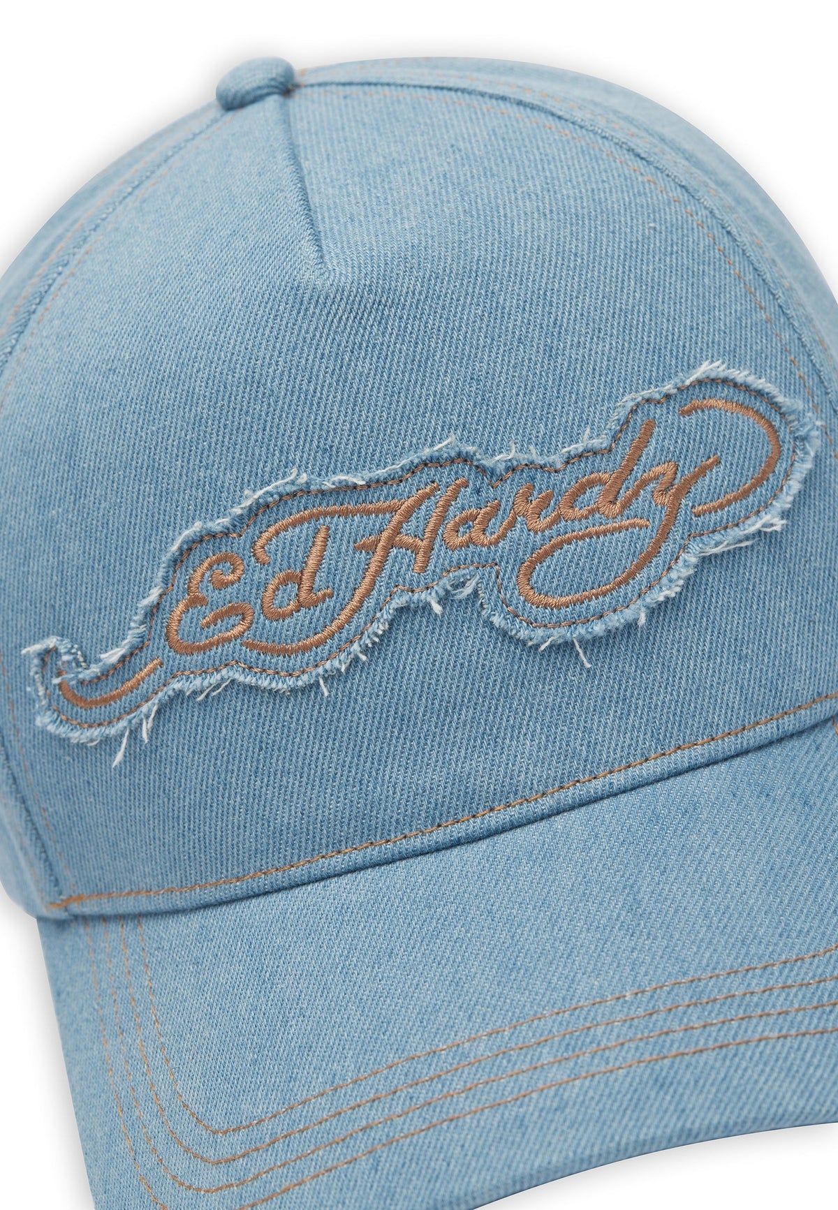 Ed Hardy Contrast Stitch Indigo Denim 5 Panel Bleach Trucker Cap - OnSize