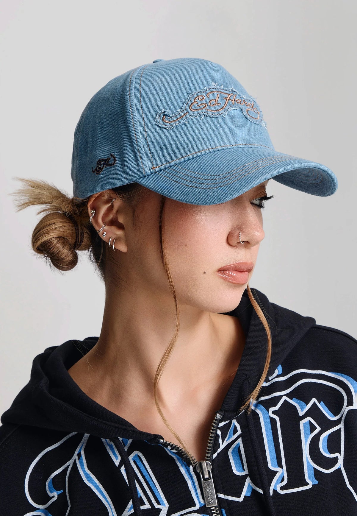 Ed Hardy Contrast Stitch Indigo Denim 5 Panel Bleach Trucker Cap - OnSize