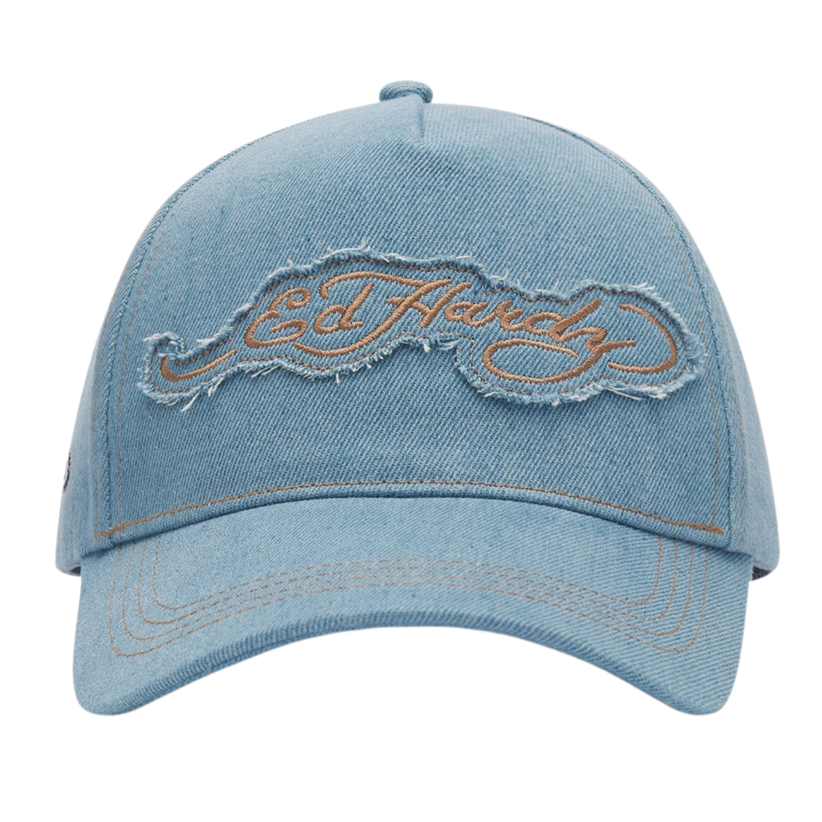 Ed Hardy Contrast Stitch Indigo Denim 5 Panel Bleach Trucker Cap - OnSize