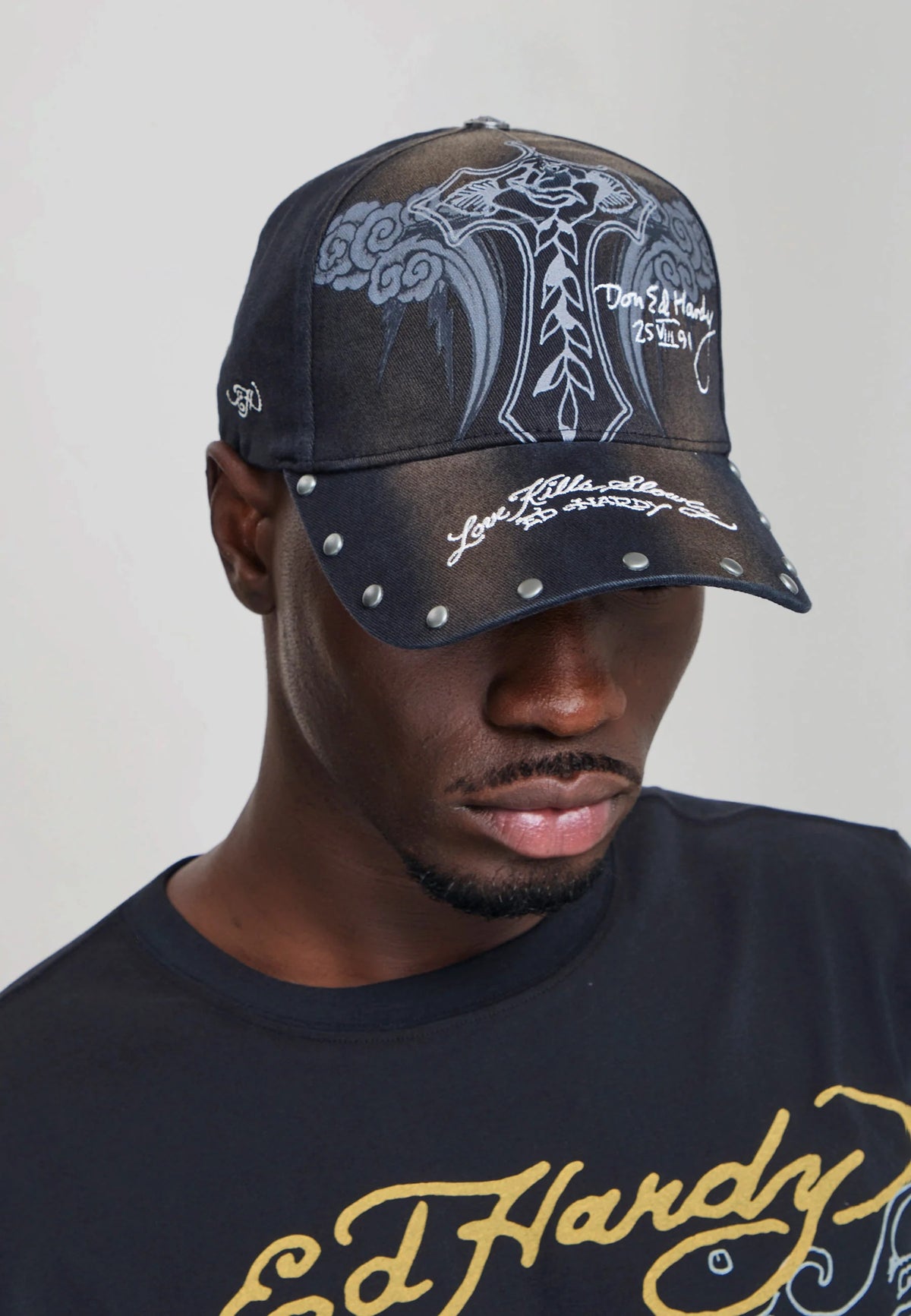 Ed Hardy Storming Rose Washed 5 Panel Black Trucker Cap - OnSize