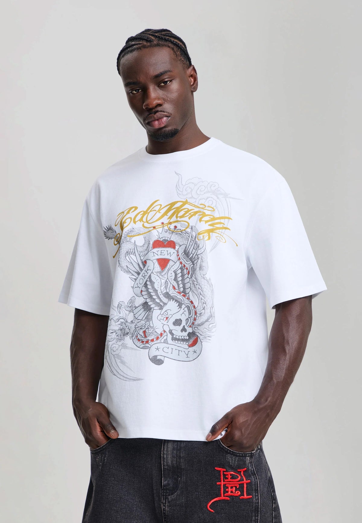 Ed Hardy Storming New York Graphic Relaxed T-Shirt White - OnSize