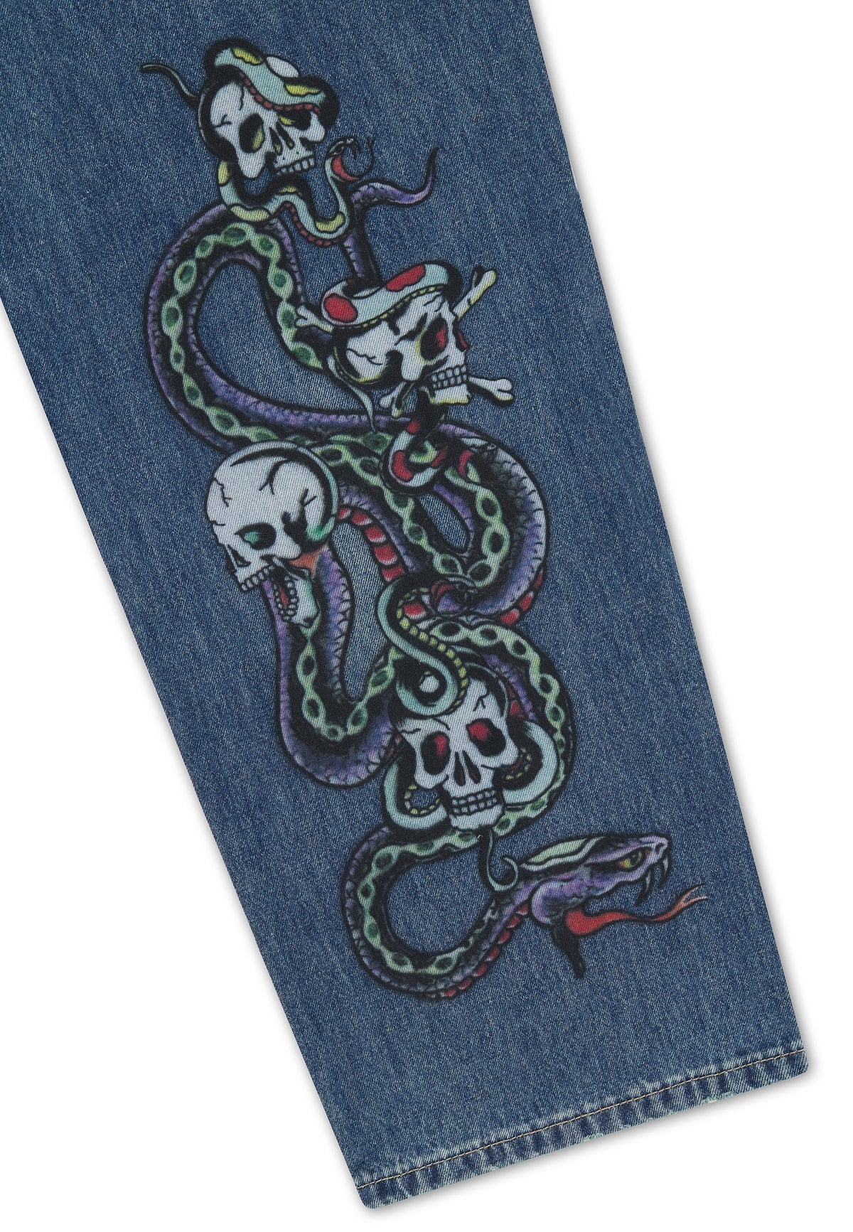 Ed Hardy Serpent Skull Graphic Relaxed Jeans Mid Blue - OnSize