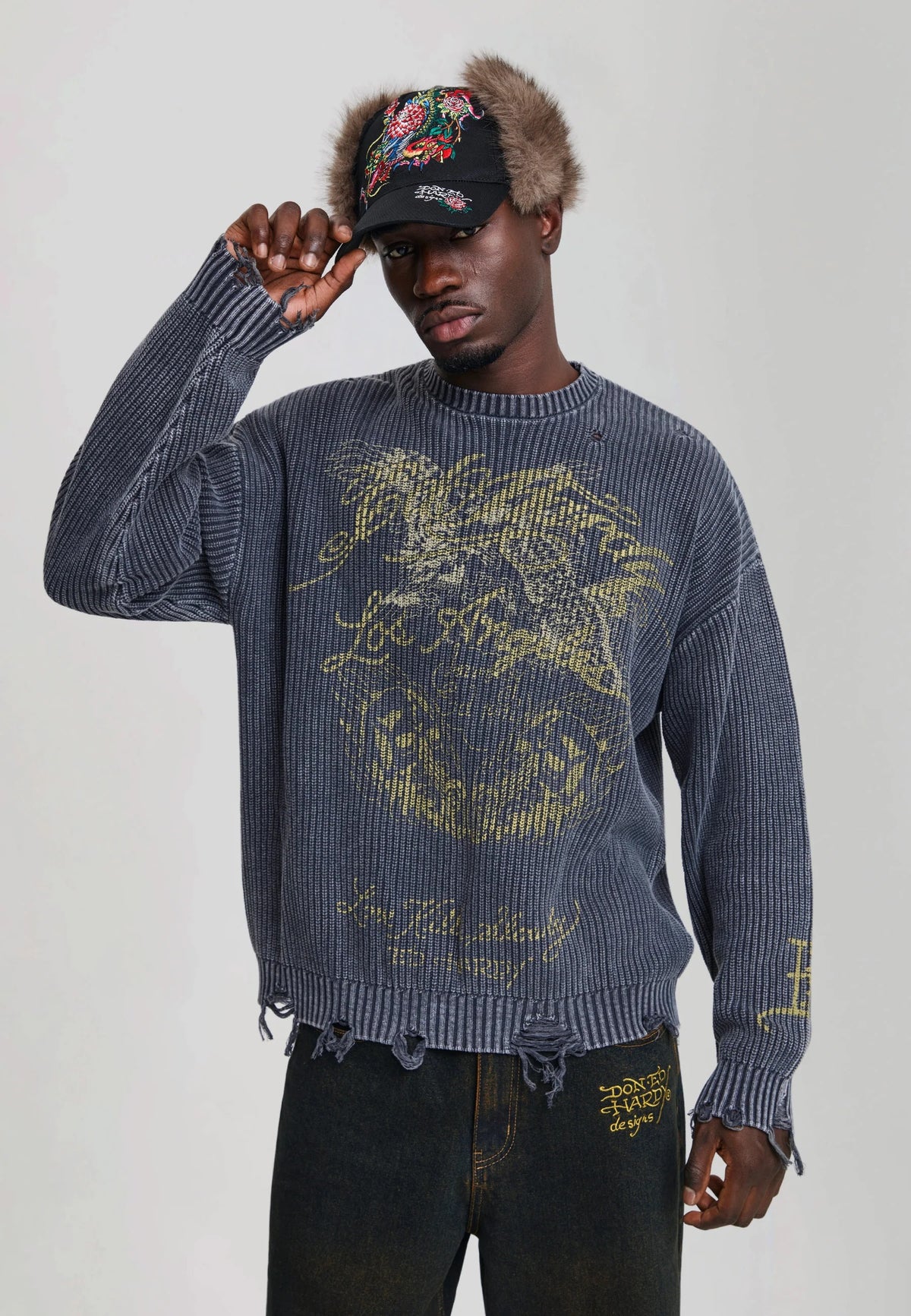 Ed Hardy Distressed Los Angeles Knitted Relaxed Crew Jumper Black - OnSize