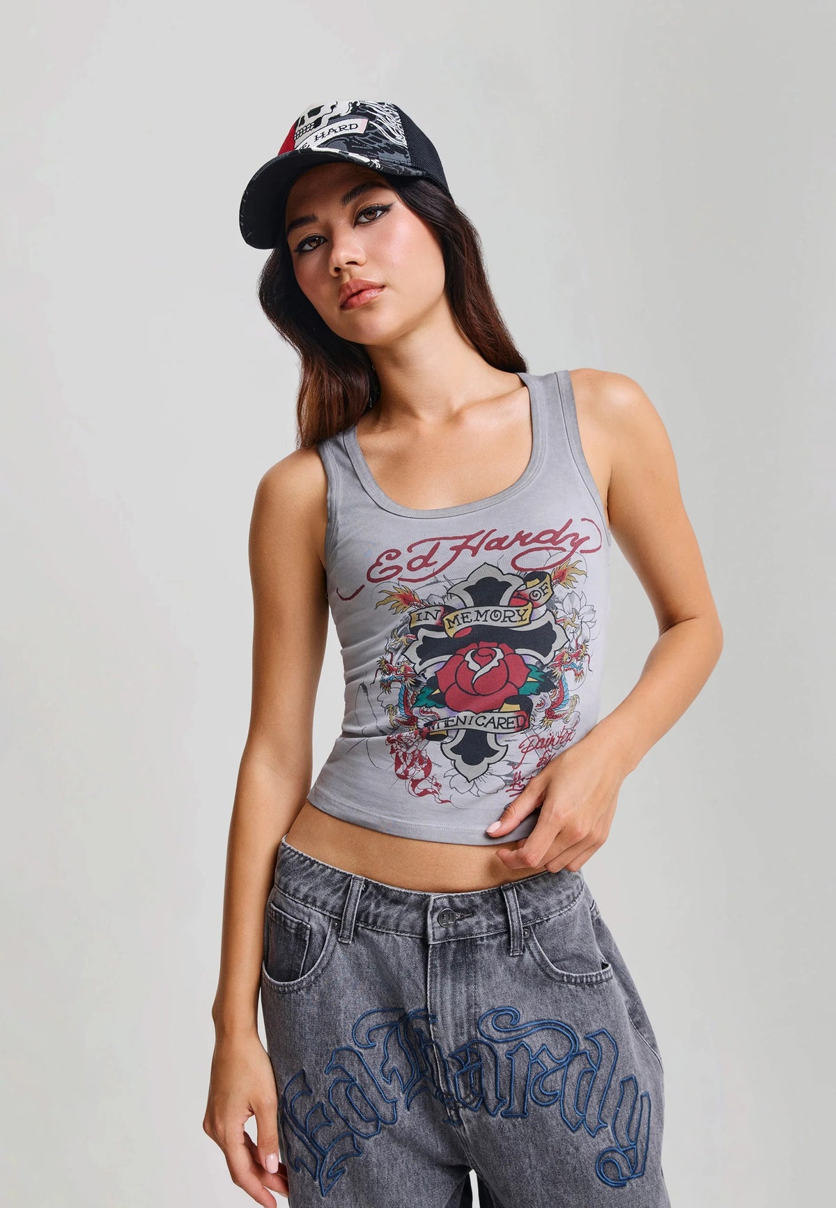 Ed Hardy In Memory Of When I Cared Washed Fitted Vest Top Grey - OnSize