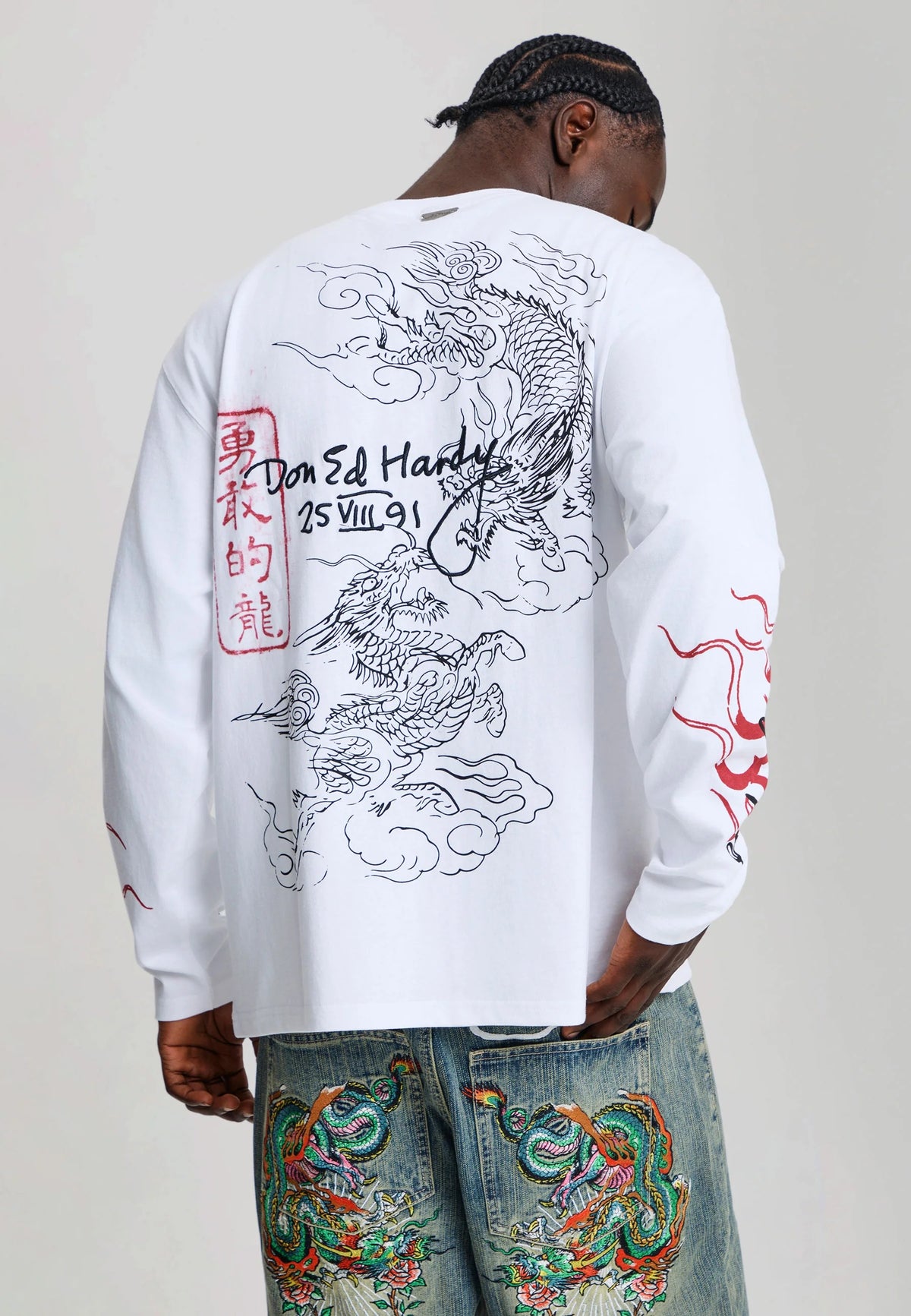 Ed Hardy Flying Twin Dragon Graphic Long Sleeve Relaxed T-Shirt White - OnSize