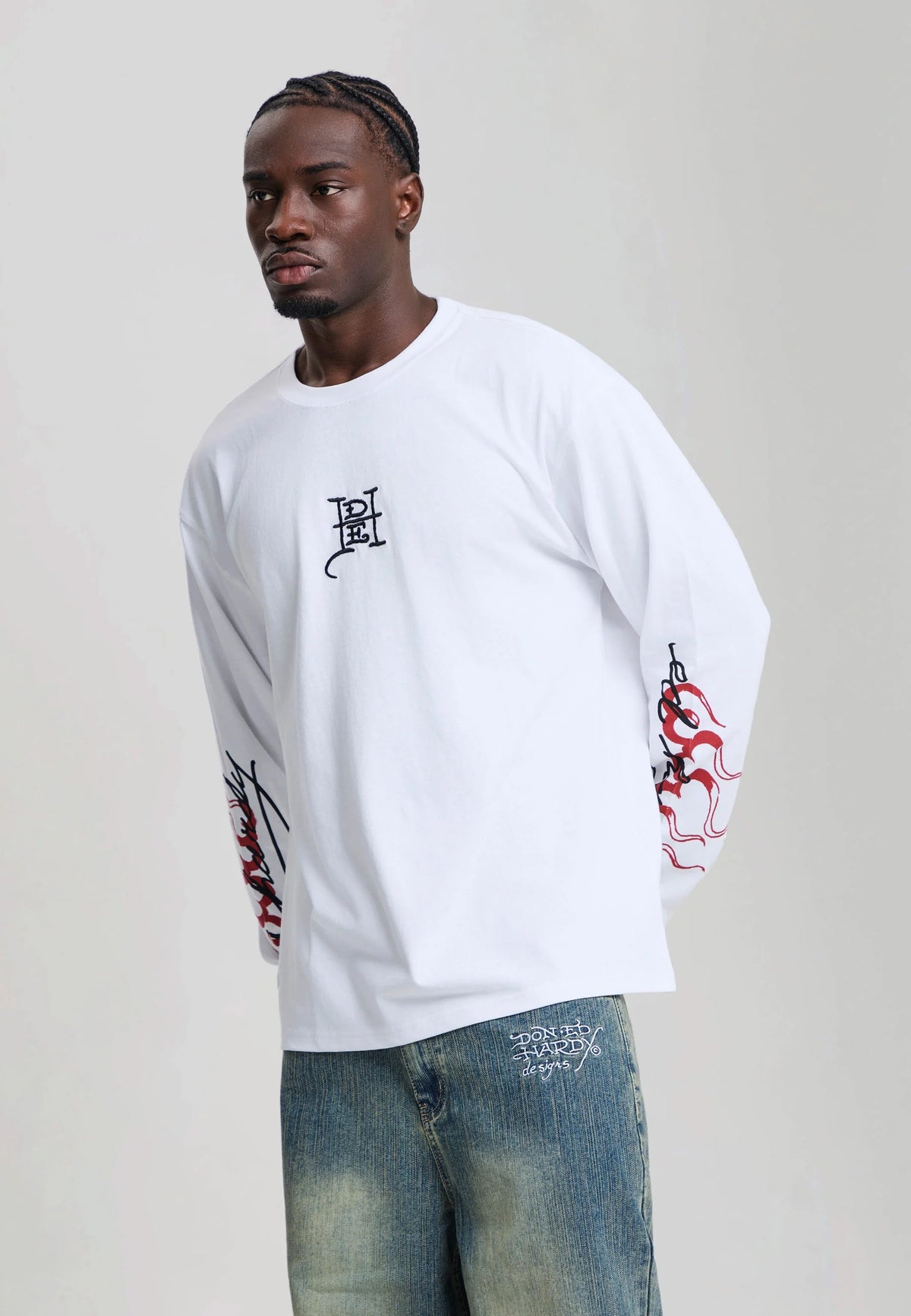 Ed Hardy Flying Twin Dragon Graphic Long Sleeve Relaxed T-Shirt White - OnSize