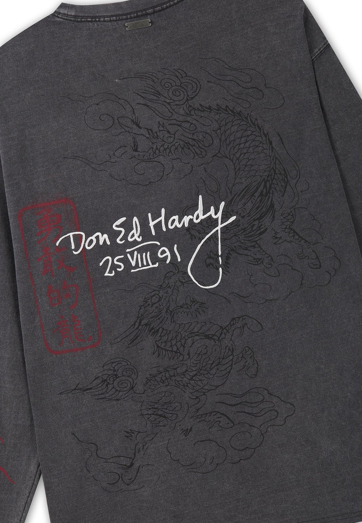 Ed Hardy Flying Twin Dragon Graphic Long Sleeve Relaxed T-Shirt Black - OnSize