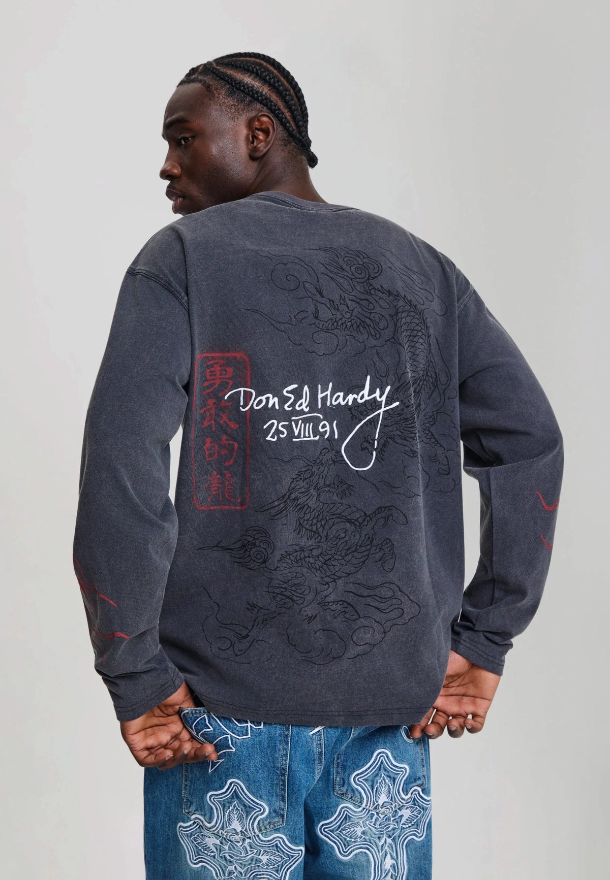 Ed Hardy Flying Twin Dragon Graphic Long Sleeve Relaxed T-Shirt Black - OnSize