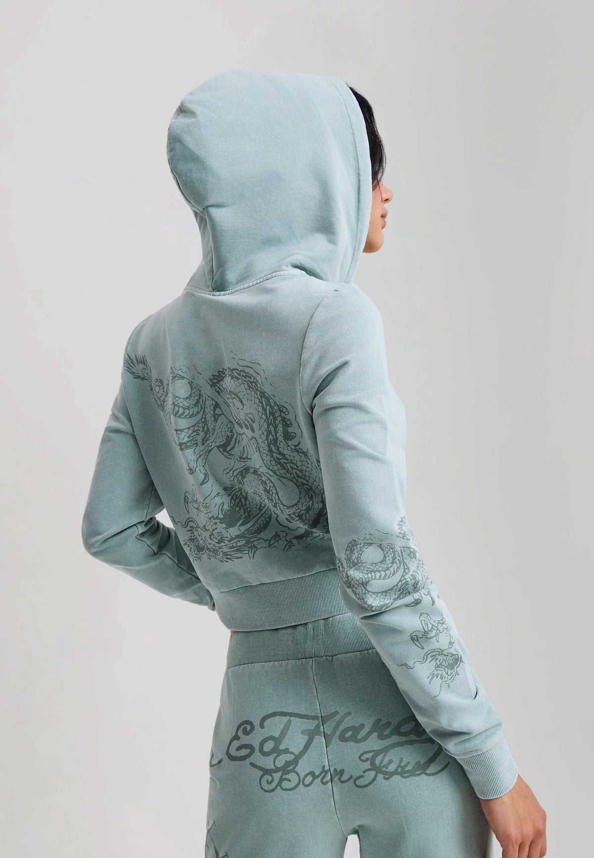 Ed Hardy Multi Tattoo Fitted Zip Thru Acid Wash Hoodie Sage - OnSize