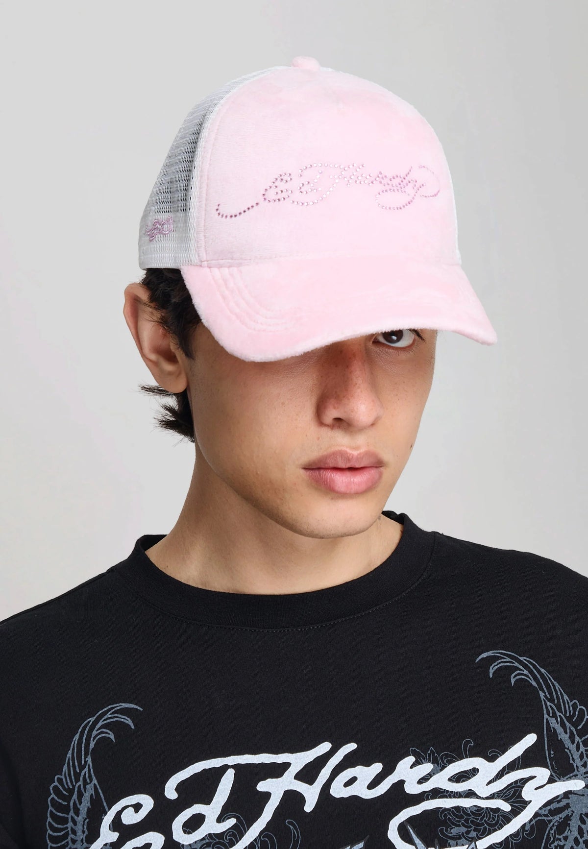 Ed Hardy Diamante Velour 5 Panel Baby Pink Trucker Cap - OnSize