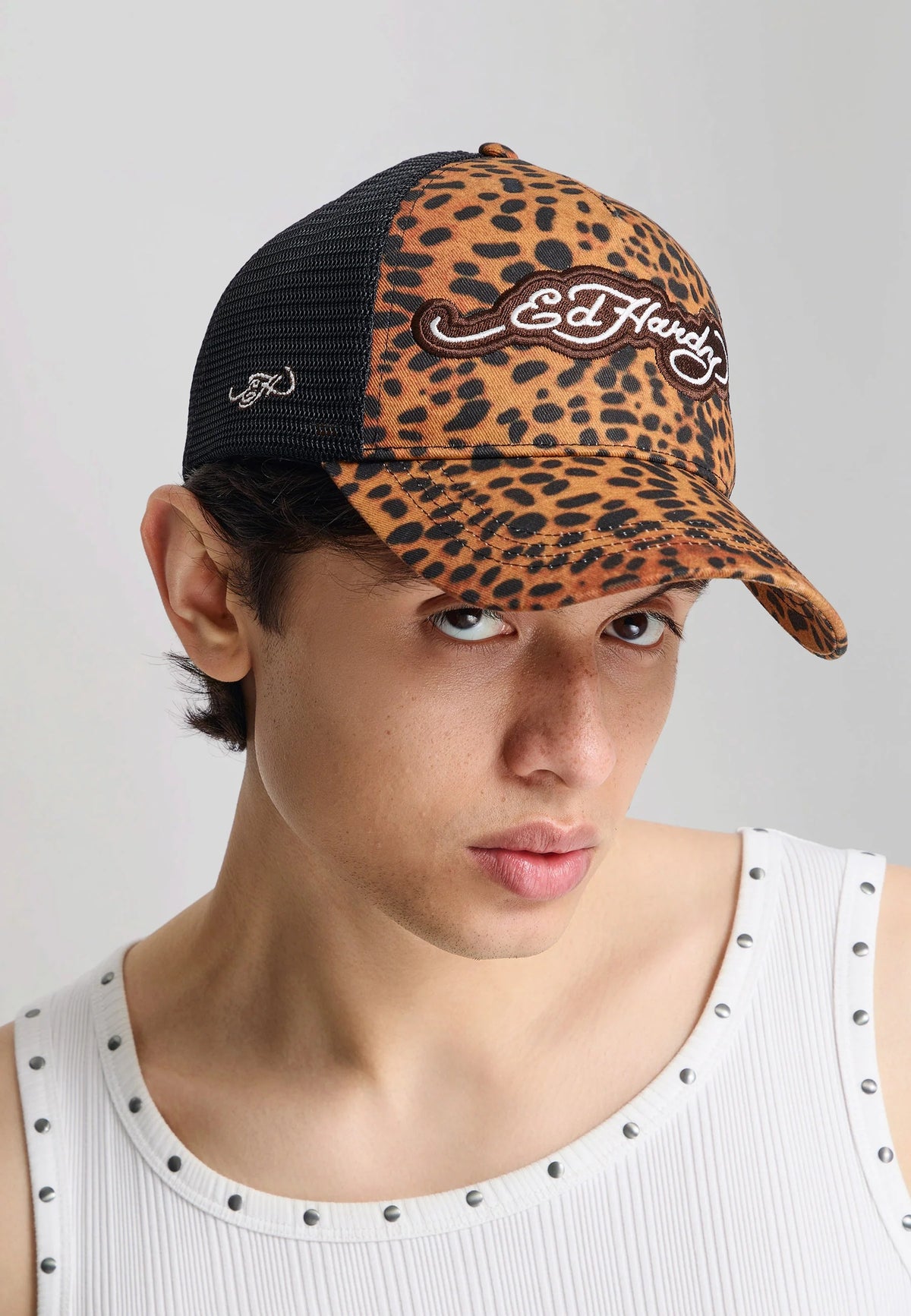 Ed Hardy Leopard Print 5 Panel Brown Trucker Cap - OnSize